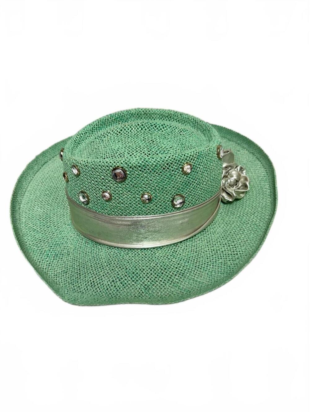 Green Woven Western Cowboy Hat Rhinestones Silver Floral Band
